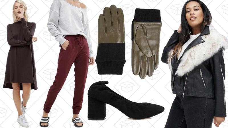 ASOS Knit Tunic Dress, $18 | ASOS Woven Casual Pants, $29 | ASOS Leather And Knit Mix Gloves, $22 | ASOS SIMONE Heels, $22 | River Island Plus Detachable Collar Leather Look Jacket, $59